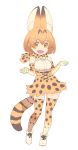  1girl :d animal_ears bare_shoulders bow bowtie contrapposto elbow_gloves eyebrows_visible_through_hair full_body gloves hands_up high-waist_skirt highres kemono_friends looking_at_viewer nagisa_kurousagi open_mouth orange_eyes orange_gloves orange_hair orange_legwear orange_neckwear orange_skirt orange_theme serval_(kemono_friends) serval_ears serval_print serval_tail shirt shoes short_hair simple_background skirt smile solo tail thigh-highs white_background white_footwear white_shirt 