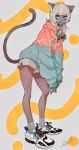  1girl animal_ears anpan_sora bangs cat_ears dark_skin grey_eyes grey_legwear leaning_forward long_hair long_sleeves open_mouth original puffy_long_sleeves puffy_sleeves shoes shorts signature socks solo swept_bangs tail white_hair white_shorts 