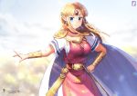  1girl artist_name bad_anatomy bangs blue_eyes blush bracer breasts cape chinchongcha circlet day dress earrings gem hair_ornament hand_on_hip highres jewelry long_hair looking_at_viewer medium_breasts necklace parted_bangs pointy_ears princess_zelda sidelocks simple_background solo standing the_legend_of_zelda triforce watermark white_cape 