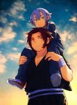  2boys blue_hair carrying green_eyes gym_uniform haneten_kagatsu hotarumaru japanese_clothes male_focus multiple_boys ponytail redhead shoulder_carry smile sunset tonbokiri_(touken_ranbu) touken_ranbu yellow_eyes 