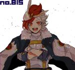  1boy :d cinderace crossed_arms ear_piercing jacket_on_shoulders long_sleeves looking_at_viewer male_focus multicolored_hair open_mouth personification piercing pokemon red_eyes redhead shioya_(soooooolt) simple_background smile standing two-tone_hair upper_body white_background white_hair 
