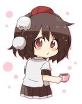  1girl bangs black_hair blush_stickers brown_skirt closed_mouth coffee colored_shadow commentary_request cropped_legs cup drop_shadow eyebrows_visible_through_hair hair_between_eyes hat holding holding_cup looking_at_viewer looking_to_the_side mini_hat o3o pleated_skirt pom_pom_(clothes) red_eyes red_headwear shadow shameimaru_aya shirt short_sleeves skirt solo tokin_hat totoharu_(kujirai_minato) touhou white_background white_shirt 