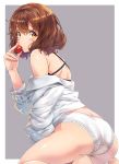  1girl ass bare_shoulders barefoot bra brown_hair commentary_request food fruit hand_up hibike!_euphonium highres holding holding_food holding_fruit kneeling looking_at_viewer nagayori off_shoulder orange_eyes oumae_kumiko panties shirt short_hair solo strawberry thighs underwear white_bra white_panties white_shirt 