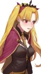  1girl amo_(silent_bomb19) bangs black_dress blonde_hair bow breasts cape dress ereshkigal_(fate/grand_order) fate/grand_order fate_(series) hair_bow hair_ornament long_hair looking_away medium_breasts open_mouth parted_bangs red_bow red_cape simple_background solo sweatdrop two_side_up white_background 