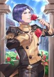  1boy absurdres clouds epaulettes fire_emblem fire_emblem:_three_houses flower garreg_mach_monastery_uniform highres leaf lorenz_hellman_gloucester purple_hair rose shiyo_(jkke5275) sky solo sword teeth violet_eyes weapon 