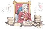  2girls blue_hair blush breast_grab breasts byleth_(fire_emblem) byleth_eisner_(female) chair chinese closed_eyes desk edelgard_von_hresvelg fire_emblem fire_emblem:_three_houses grabbing iceky ink_bottle long_hair long_sleeves multiple_girls paper paperwork quill simple_background speech_bubble tagme translation_request violet_eyes white_background white_hair writing yuri 