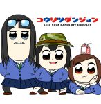  3girls asakusa_midori asymmetrical_bangs bangs black_hair blazer blue_eyes brown_eyes brown_hair camouflage_hat chibi copyright_name derivative_work eizouken_ni_wa_te_wo_dasu_na! eyewear_on_head freckles full_body grimace jacket jimiko kanamori_sayaka looking_at_viewer mizu_pones mizusaki_tsubame multiple_girls navy_blue_skirt over-rim_eyewear pantyhose parody poptepipic semi-rimless_eyewear 