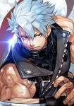  1boy arm_blade black_gloves black_jacket chipp_zanuff closed_mouth earrings fingerless_gloves glint gloves guilty_gear hankuri jacket jewelry looking_at_viewer male_focus muscle pants red_eyes silver_hair simple_background solo vest weapon white_pants 