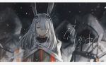  1girl 3others animal_ears arknights bangs blurry facial_scar frostnova_(arknights) grey_eyes hair_ornament hair_over_one_eye highres hood hood_up hooded_jacket jacket long_hair mento multiple_others nose_scar parted_lips rabbit_ears scar snow solo_focus upper_body white_hair white_jacket 