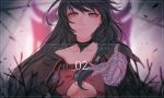  1girl bandaged_arm bandages bangs black_hair blurry blurry_background breasts chain choker closed_mouth collarbone copyright_name eyebrows_visible_through_hair floating_hair long_hair looking_at_viewer medium_breasts monicanc reaching_out smile solo swept_bangs tales_of_(series) tales_of_berseria under_boob upper_body velvet_crowe very_long_hair yellow_eyes 