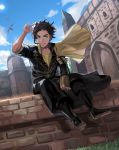  1boy boots braid brown_hair claude_von_riegan clouds dark_skin dragon earrings epaulettes fire_emblem fire_emblem:_three_houses garreg_mach_monastery_uniform grass green_eyes highres jewelry leaf shiyo_(jkke5275) sitting solo teeth 