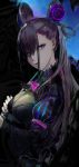  1girl amo_(silent_bomb19) breasts fate/grand_order fate_(series) from_side hair_ornament holding juliet_sleeves large_breasts long_hair long_sleeves looking_at_viewer looking_to_the_side murasaki_shikibu_(fate) parted_lips puffy_sleeves purple_hair solo upper_body violet_eyes 