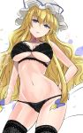  1girl bangs bare_arms bare_shoulders black_bra black_legwear black_panties blonde_hair blue_bow blue_eyes blue_ribbon bow bra breasts commentary_request cowboy_shot eyebrows_visible_through_hair groin hair_between_eyes hair_bow hand_on_hip hat hat_ribbon head_tilt highres large_breasts lens_flare long_hair looking_at_viewer mob_cap navel panties parted_lips ribbon simple_background solo sparkle standing stomach thigh-highs thighs touhou underwear underwear_only very_long_hair white_background white_headwear y2 yakumo_yukari 