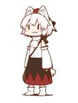  1girl :3 animal_ear_fluff animal_ears bangs bare_shoulders black_skirt blush_stickers chibi detached_sleeves full_body inubashiri_momiji katana pom_pom_(clothes) poronegi short_hair simple_background skirt socks solo standing sword tail touhou weapon weapon_on_back white_background white_hair white_legwear wide_face wolf_ears wolf_tail |_| 