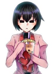  1girl bangs black_eyes black_hair bob_cut bubble_tea commentary cup drinking_straw empty_eyes holding holding_cup light_blush looking_at_viewer monogatari_(series) oshino_ougi parted_lips pink_shirt school_uniform shirt short_hair simple_background sleeves_past_wrists solo t33h8703 upper_body white_background 