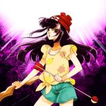  1girl arrow bangs bow_(weapon) collarbone eyelashes flat_chest floral_background floral_print green_shorts hibikileon holding holding_arrow holding_bow_(weapon) holding_weapon long_hair looking_at_viewer moon_(pokemon) pokemon pokemon_special purple_background purple_hair serious shirt short_sleeves shorts solo standing tied_shirt upper_body violet_eyes weapon yellow_shirt 