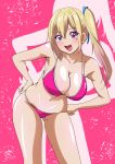  1girl bikini blonde_hair blue_eyes breasts collarbone commentary_request hands_on_hips highres kawakami_mai large_breasts leaning_forward long_hair looking_at_viewer mole mole_on_thigh mole_under_eye musaigen_no_phantom_world navel open_mouth pink_bikini side_ponytail smile solo standing swimsuit temaezushi violet_eyes 
