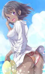  1girl :d ass bikini bikini_under_clothes black_hair blue_sky breasts clouds dark_skin day hair_between_eyes holding_footwear idolmaster idolmaster_cinderella_girls large_breasts looking_at_viewer looking_back mashou_boy natalia_(idolmaster) ocean open_mouth sandals shirt short_hair sidelocks sky smile solo splashing swimsuit violet_eyes white_shirt 