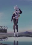  1990s_(style) 2020 amo_(silent_bomb19) animal_ears bare_shoulders black_legwear blue_eyes blue_sky boots bra_strap contrapposto full_body hand_up highres looking_at_viewer microskirt off-shoulder_jacket original outdoors pigeon-toed pink_hair pond reflection shorts skirt sky smile solo standing thigh-highs white_footwear white_shorts 