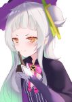  1girl absurdres bangs black_gloves blunt_bangs blush closed_mouth finger_to_mouth flat_chest gloves hair_bun hair_ornament hat highres hololive kuki lavender_hair long_hair looking_at_viewer murasaki_shion orange_eyes smile solo star striped v-shaped_eyebrows vertical_stripes virtual_youtuber 