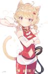  1girl animal_ears baozi blonde_hair cat_ears cat_tail cleavage_cutout crossed_arms fang food gloves hair_ornament highres holding jumpsuit navel_cutout original short_twintails sleeveless solo sparkle tail ten&#039;non twintails violet_eyes whip white_background white_gloves 