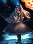  1girl blonde_hair blue_fire character_request closed_mouth fairy_wings fire flaming_skull floating_hair grey_capelet grey_skirt halo hand_up inishie_kumo long_hair long_sleeves looking_at_viewer red_eyes shoes skirt solo_focus standing touhou wings 
