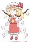  1girl anger_vein angry ascot ballerina blonde_hair bow clenched_hands eyebrows_visible_through_hair flandre_scarlet floating hat hat_bow one_side_up pillow_hat poronegi puffy_short_sleeves puffy_sleeves red_bow red_footwear red_skirt red_vest sanpaku shirt shoes short_hair short_sleeves simple_background skirt socks solo touhou vest white_background white_headwear white_legwear white_shirt wide-eyed wings yellow_neckwear 
