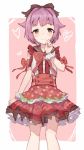  1girl :3 bow brown_eyes center_frills commentary dress eyebrows_visible_through_hair food_print hand_to_own_mouth hand_up heart highres koshimizu_sachiko layered_dress looking_at_viewer pink_background purple_hair red_bow shone short_hair simple_background sketch sleeveless smile solo strawberry_print wrist_cuffs 