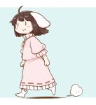  1girl :3 ahoge animal_ears blue_background blush_stickers brown_hair carrot_necklace chibi dress eyebrows_visible_through_hair from_side inaba_tewi pink_dress poronegi puffy_short_sleeves puffy_sleeves rabbit_ears shoes short_hair short_sleeves simple_background smile solo touhou walking white_footwear |_| 