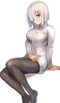  1girl alternate_costume bangs black_legwear blue_eyes blush breasts eyebrows_visible_through_hair hair_ornament hair_over_one_eye hairclip hamakaze_(kantai_collection) highres kantai_collection large_breasts long_sleeves no_shoes pantyhose senbei_(senbe_i) short_hair silver_hair simple_background sitting smile solo sweater turtleneck turtleneck_sweater white_background white_sweater 