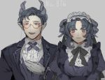  1boy 1girl bangs black_hair blush butler glasses gloves grey_background grey_eyes hand_up horns indeedee long_hair long_sleeves maid parted_bangs personification pointy_ears pokemon pokemon_number puffy_long_sleeves puffy_sleeves shioya_(soooooolt) simple_background sketch upper_body vest white_gloves 