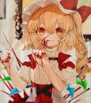  1girl :q bangs blonde_hair blood blood_on_face bloody_hands bow center_frills commentary_request crystal eyebrows_visible_through_hair flandre_scarlet gotoh510 hair_between_eyes hands_up hat hat_bow high-waist_skirt highres indoors long_hair looking_at_viewer mob_cap one_side_up puffy_short_sleeves puffy_sleeves red_bow red_eyes red_skirt shirt short_sleeves skirt smile solo tongue tongue_out touhou upper_body white_headwear white_shirt wings 