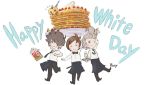  3boys apple apron black_footwear black_pants book bow bowtie bravely_default:_flying_fairy bravely_default_(series) bravely_second:_end_layer brown_hair closed_eyes food fork fruit glass grey_hair hair_over_one_eye highres ikusy multiple_boys necktie official_art one_eye_closed pancake pants plate ringabel strawberry tiz_oria waiter white_day yew_geneolgia 