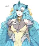  1girl black_eyes blue_hair blue_nails breasts dress hand_up horn lapras long_hair medium_breasts o-ring personification pokemon shioya_(soooooolt) solo upper_body very_long_hair white_background 