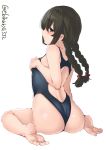  1girl ass back bad_anatomy bad_perspective barefoot black_eyes black_hair black_swimsuit blush ebifurya eyebrows_visible_through_hair hair_between_eyes hair_ribbon highres isonami_(kantai_collection) kantai_collection long_hair one-piece_swimsuit red_ribbon ribbon simple_background solo swimsuit toes twintails twitter_username white_background 