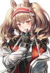  1girl :p angelina_(arknights) animal_ears arknights bangs blush brown_eyes brown_hair choker earpiece eyelashes fingers_to_mouth fox_ears gloves hairband jacket looking_at_viewer red_jacket silence_girl strap tongue tongue_out twintails undershirt white_background white_coat zipper 