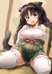  1girl :d absurdres anchor_hair_ornament animal_ears azur_lane bangs bare_shoulders bell bell_choker black_hair blurry blurry_background blush braid breasts brown_eyes choker commentary_request depth_of_field detached_sleeves eyebrows_visible_through_hair fang green_skirt hair_intakes hair_ornament highres japanese_clothes jingle_bell kimono kyabe_tsuka large_breasts long_hair long_sleeves looking_at_viewer on_floor ooshio_(azur_lane) open_mouth pleated_skirt red_choker ribbon-trimmed_legwear ribbon_trim sitting skirt sleeveless sleeveless_kimono sleeves_past_fingers sleeves_past_wrists smile solo tail thigh-highs thighs twin_braids twintails very_long_hair wariza white_kimono white_legwear white_sleeves 