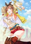  1girl armpits atelier_(series) atelier_ryza belt blue_belt blue_sky boots breasts bridal_legwear brown_belt brown_eyes brown_hair clouds flask gloves hair_ornament hairclip highres jacket jewelry large_breasts leather leather_belt leather_gloves navel necklace open_mouth porurin red_shorts reisalin_stout round-bottom_flask short_hair short_shorts shorts sky sleeveless sleeveless_jacket star star_necklace thick_thighs thighs toeless_boots vial white_headwear yellow_jacket 