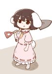  1girl bangs black_hair blush_stickers bunny_tail carrot_necklace carrying_over_shoulder dress frilled_dress frilled_shirt_collar frilled_sleeves frills holding inaba_tewi looking_at_viewer open_mouth poronegi ribbon-trimmed_dress short_hair short_sleeves shovel simple_background solo tail touhou white_background 