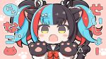 1girl :o angeltype animal_ear_fluff animal_ears aqua_hair bangs black_eyes black_hair black_ribbon black_sailor_collar black_serafuku blunt_bangs blush_stickers bow bowtie cat_ears cat_paws chibi commentary_request eyebrows_visible_through_hair fang fate/grand_order fate_(series) hair_ribbon hands_up kemonomimi_mode looking_at_viewer multicolored_hair paw_background paws pink_background red_neckwear redhead ribbon sailor_collar school_uniform sei_shounagon_(fate) serafuku sidelocks skin_fang solo speech_bubble tail tail_ribbon translation_request twintails two-tone_ribbon upper_body white_ribbon 