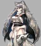  1girl animal_ears animal_print arknights black_cape braid breasts cape commentary_request cowboy_shot grey_background grey_eyes grey_hair grey_legwear highres jewelry large_breasts leopard_ears leopard_print leopard_tail long_hair looking_away necklace nidaime_(doronbo) pramanix_(arknights) side_braids simple_background solo tail thigh-highs turtleneck_dress 