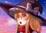  1girl blonde_hair blush breath clouds commentary eyebrows_visible_through_hair gradient_sky hair_between_eyes hat hat_ribbon junyamaekaki kirisame_marisa long_hair looking_to_the_side open_mouth outdoors red_scarf ribbon scarf sidelocks sky snowing solo standing touhou twilight upper_body upper_teeth witch_hat yellow_eyes 