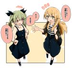  +++ 2girls anchovy_(girls_und_panzer) bag bangs barashiya black_border black_dress black_footwear black_ribbon black_shirt black_skirt blonde_hair border brown_shirt carpaccio_(girls_und_panzer) carrying casual commentary cross-laced_footwear denim denim_skirt dress drill_hair eyebrows_visible_through_hair girls_und_panzer green_eyes green_hair hair_ribbon handbag hands_on_hips long_dress long_hair long_sleeves looking_at_another multiple_girls notice_lines open_mouth outside_border red_eyes ribbon shirt shoes skirt smile sneakers standing striped striped_shirt translated twin_drills twintails 