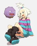  1girl bare_shoulders blue_eyes boots dress forehead gen_1_pokemon hair_bobbles hair_ornament homika_(pokemon) koffing pokemon pokemon_(game) pokemon_bw2 short_hair sitting strapless strapless_dress striped striped_dress thighs underskirt white_hair you_(maumauyo) 