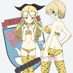  2girls ass ass_visible_through_thighs assam_(girls_und_panzer) back bangs bikini black_ribbon blonde_hair blue_eyes blush braid breast_envy breasts butt_crack closed_mouth club commentary darjeeling_(girls_und_panzer) emblem from_behind frown girls_und_panzer glaring grey_background groin hair_pulled_back hair_ribbon half-closed_eyes hand_on_hip hands_together holding holding_weapon ichinose_jun long_hair looking_at_another looking_at_viewer looking_back medium_breasts multiple_girls navel print_bikini print_legwear ribbon setsubun short_hair small_breasts smile spiked_club st._gloriana&#039;s_(emblem) standing strapless strapless_bikini swimsuit thigh-highs tied_hair tiger_stripes twin_braids weapon yellow_bikini yellow_legwear 