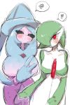  2girls bangs black_sclera blue_hair blue_headwear blush breasts closed_mouth commentary_request eyebrows_visible_through_hair flat_chest gardevoir gen_3_pokemon gen_8_pokemon gradient_hair green_hair green_skin hair_over_one_eye hat hatterene highres large_breasts long_hair looking_at_another looking_at_viewer multicolored_hair multiple_girls no_humans onikuman pink_hair pink_skin pokemon pokemon_(creature) prehensile_hair red_eyes shiny shiny_hair short_hair simple_background sketch speech_bubble spoken_squiggle squiggle standing two-tone_skin very_long_hair white_background white_eyes white_skin witch_hat 