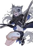 1girl :d animal_ears arknights dual_wielding fangs fingerless_gloves gloves high_heels highres holding holding_sword holding_weapon jacket lappland_(arknights) long_hair looking_at_viewer navel open_mouth shorts silver_hair simple_background smile solo sword tail teeth towtow_redoland weapon white_background white_eyes white_gloves 