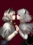 animal_ears black_skirt closed_mouth dual_persona eye_contact grey_hair holding_hands inishie_kumo interlocked_fingers long_sleeves looking_at_another mouse_ears mouse_tail nazrin parted_lips profile red_background red_eyes simple_background skirt smile tail touhou 