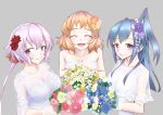  3girls bare_shoulders blue_eyes blue_flower blue_rose breasts brown_hair cleavage_cutout closed_eyes dress flower flower_request grey_background hair_flower hair_ornament highres kazanari_tsubasa kikurage_(07099651) large_breasts long_hair looking_at_viewer medium_breasts multiple_girls multiple_views purple_hair rose senki_zesshou_symphogear smile tachibana_hibiki_(symphogear) twintails violet_eyes wedding_dress yellow_flower yellow_rose yukine_chris 