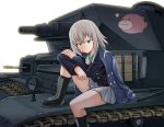  1girl alternate_costume anglerfish backlighting bangs black_footwear black_legwear blue_coat blue_eyes blue_jacket boots closed_mouth commentary_request elbow_on_knee emblem frown girls_und_panzer green_shirt ground_vehicle highres itsumi_erika jacket jacket_on_shoulders leaning_forward leg_hug leg_up long_sleeves looking_at_viewer medium_hair military military_uniform military_vehicle miniskirt motor_vehicle ooarai_military_uniform ooarai_school_uniform panzerkampfwagen_iv partial_commentary pleated_skirt revision school_uniform shirt silver_hair simple_background sitting skirt socks solo sutahiro_(donta) tank uniform white_background white_skirt zipper 